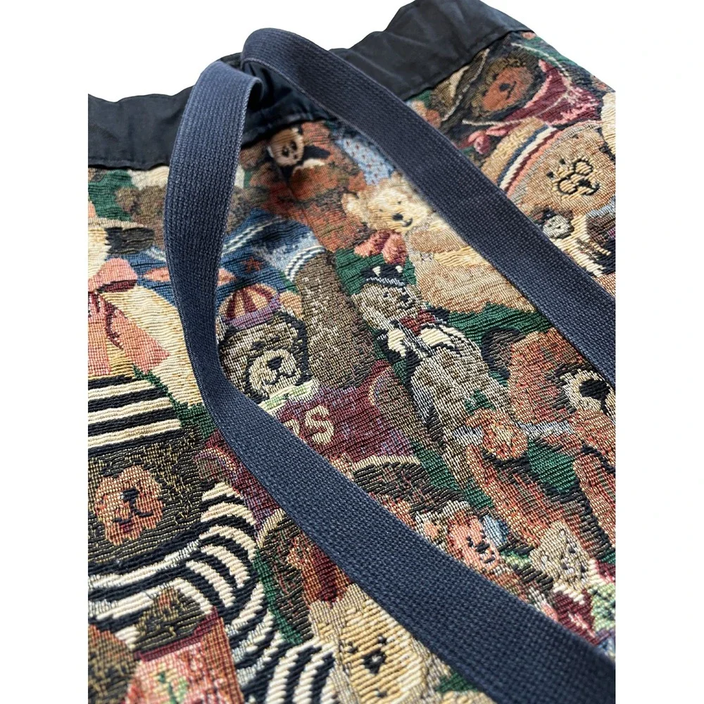 Vintage‎ 90s Teddy Bear Tapestry Bag Round Drawstring Backpack Kidcore Cottage